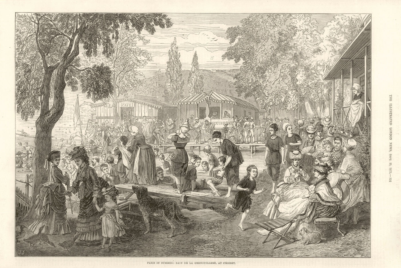 Paris in Summer: Bain à la Grenouillère, at Croissy 1875 old antique print